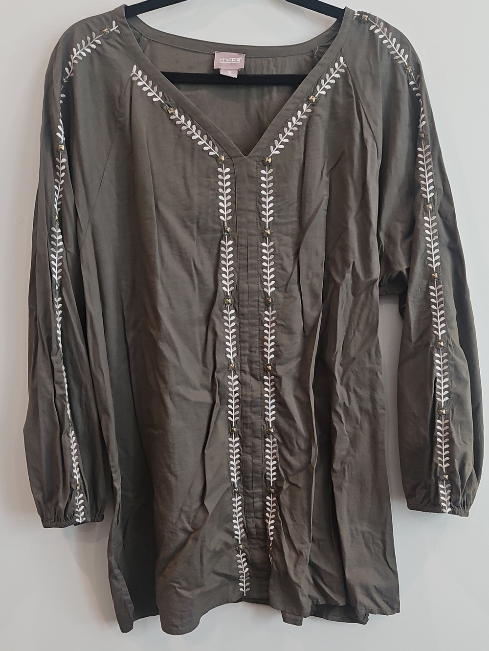 Chico's Olive Green Embroidered Peasant Tunic Blouse Size 3 Fits US 16 -18 Boho